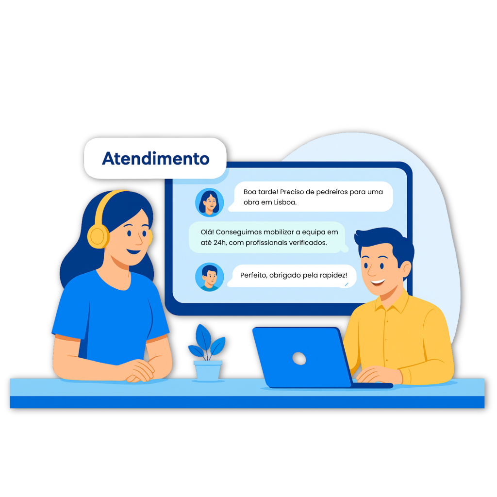Ilustração de atendimento da Acrobatas, mostrando suporte e comunicação ágil para contratação de profissionais de construção civil em Portugal